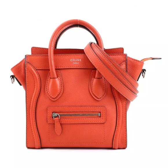 Auth CELINE Luggage Nano Shopper Handbag Shoulder Bag Orange Leather - Picture 1 of 14